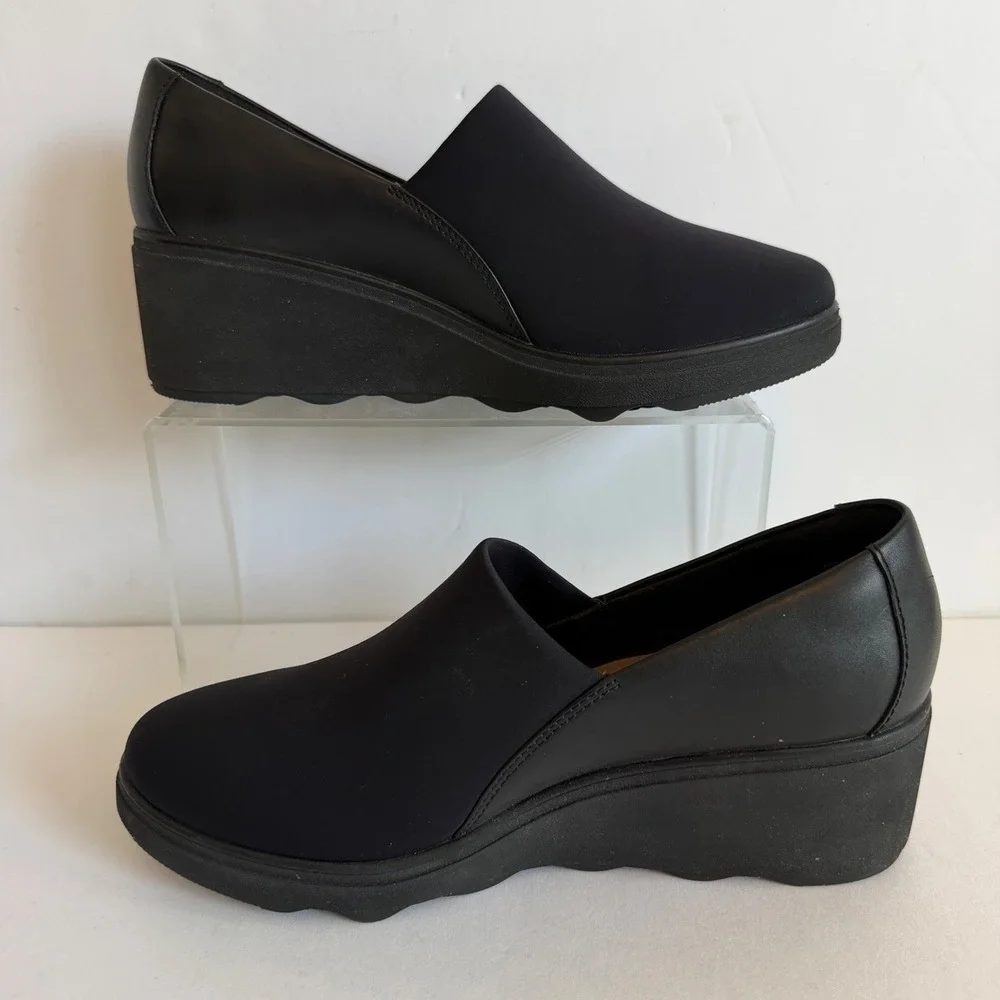 Clarks Collection Black Wedge Slip On Shoes Womens 8W Wide‎ Comfort Loafers